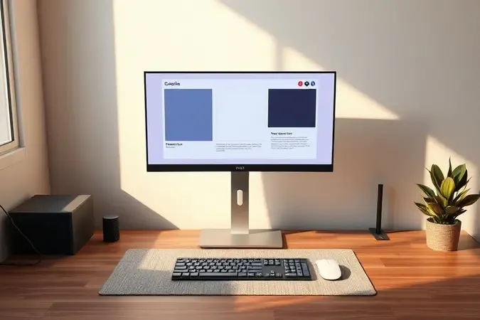 Setup de trabalho com monitor ultrawide exibindo três zonas de produtividade abstratas em render 3D com luz natural.
