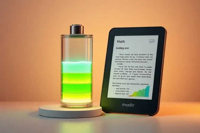 Conceito 3D de e-reader ao lado de ícone abstrato de bateria com ondas de luz representando economia de energia.