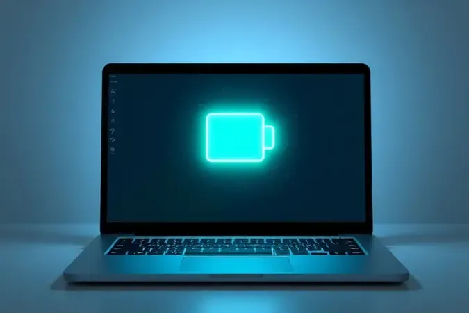 Render 3D conceitual de notebook com ícone de bateria flutuante e partículas de luz representando economia de energia e duração da bateria.