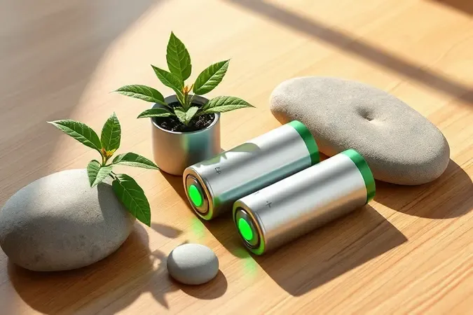 Render 3D de pilhas recarregáveis com elementos naturais como planta e pedra, simbolizando sustentabilidade e maior vida útil.