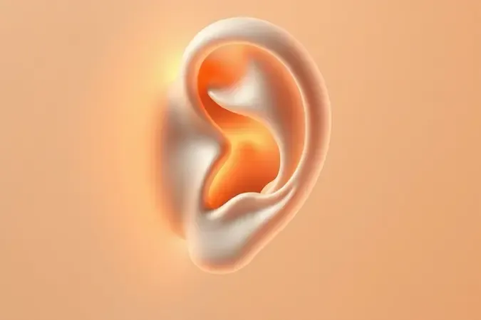 Renderização conceitual 3D mostrando orelha protegida por almofada de fone over-ear com efeito visual de proteção auditiva em tons âmbar suaves.