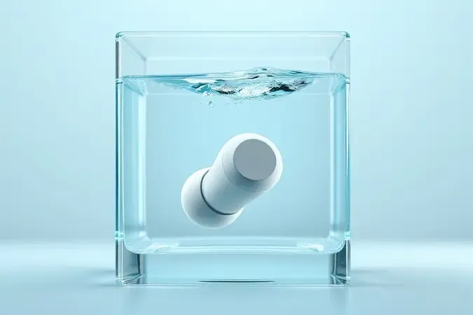 Renderização 3D de fone de ouvido sem fio parcialmente submerso em água cristalina demonstrando proteção contra água.
