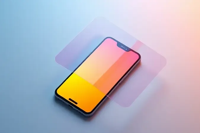 Renderização 3D conceitual de smartphone com filtro de luz azul representado por escudo translúcido e transição de tons frios para quentes.