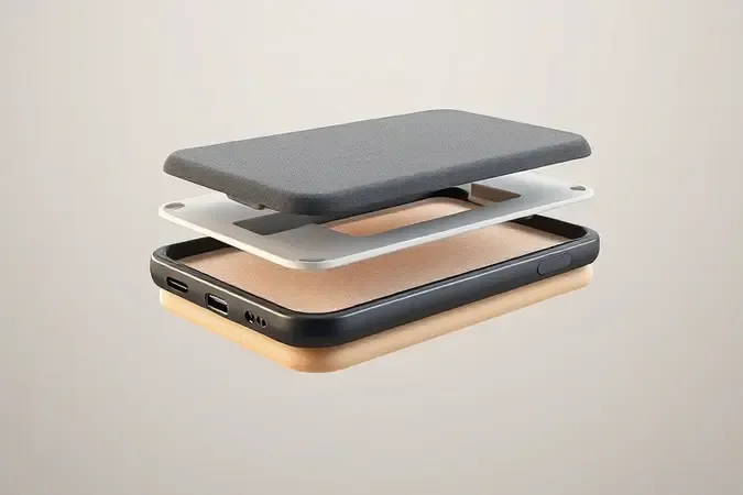 Render 3D conceitual em corte mostrando camadas de materiais protetores para capa de tablet com texturas realistas.