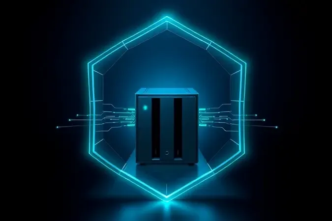 Render 3D de dispositivo NAS protegido por escudo digital geométrico contra ameaças cibernéticas.