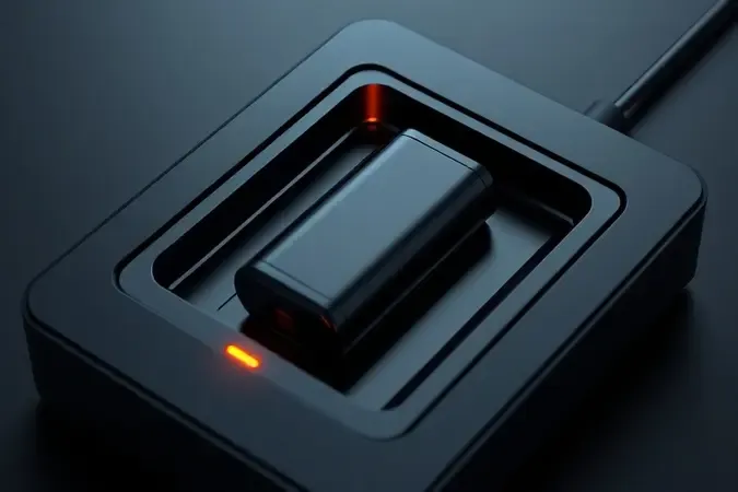 Close-up conceitual de carregador inteligente com indicador LED âmbar, demonstrando sistema de proteção contra sobrecarga de pilhas.