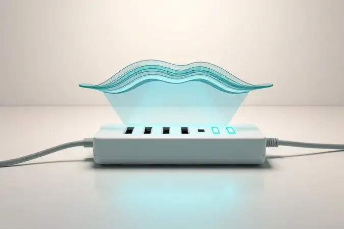 Renderização 3D conceitual de extensão com proteção contra surtos, exibindo onda abstrata de vidro translúcido sendo absorvida por dispositivo moderno