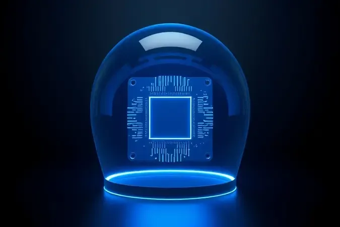 Render 3D conceitual de escudo protetor translúcido sobre componentes eletrônicos, simbolizando proteções internas de fontes.