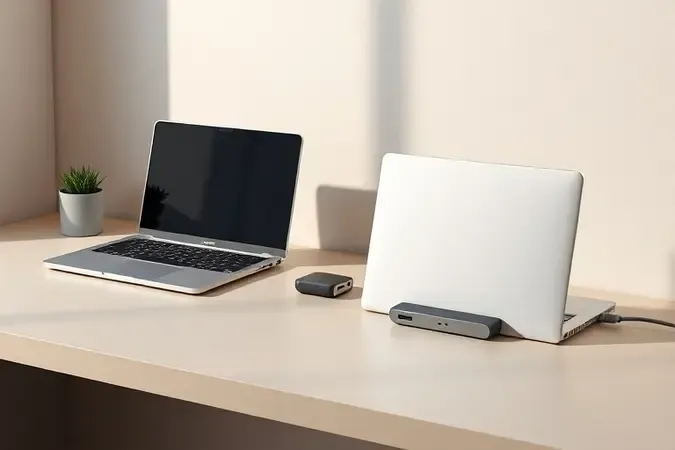 Cena conceitual 3D de espaço de trabalho moderno com laptop e hub USB-C para auxiliar na decisão de compra.