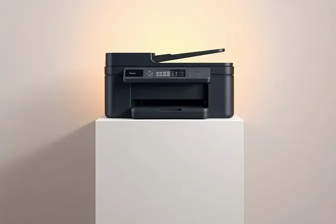 Render 3D conceitual de impressora A3 em destaque sobre pedestal minimalista, representando a melhor escolha do ranking.