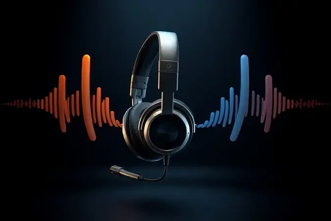 Render 3D conceitual de headset com microfone e ondas sonoras, destacando qualidade de áudio em drivers internos visíveis.