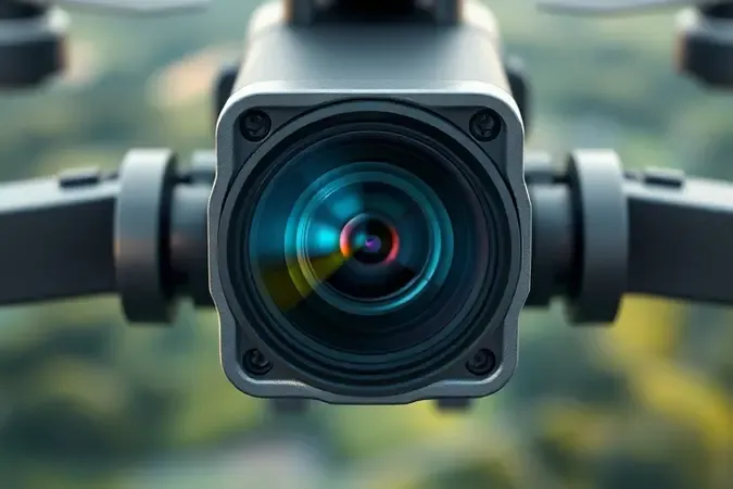 Close-up 3D conceitual de sistema de câmera e gimbal de drone com lentes de vidro realistas e iluminação profissional suave.
