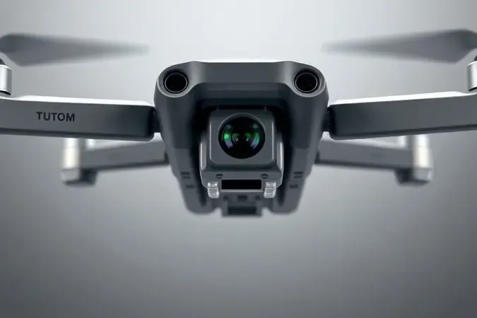 Renderização 3D em close de drone com sistema de câmera e gimbal estabilizado em destaque com iluminação cinematográfica