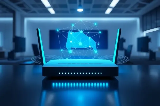 Roteador moderno minimalista com visualização abstrata de ondas de sinal e conectividade para streaming ao vivo estável