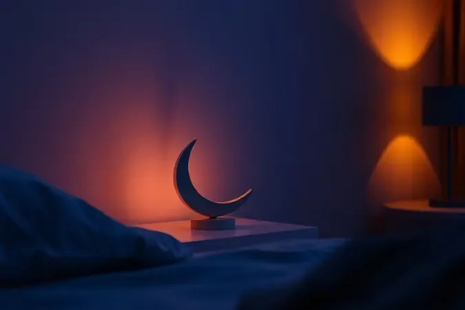 Render 3D conceitual de ambiente noturno sereno com transição de luz azul para âmbar simbolizando melhora da qualidade do sono com filtro azul.