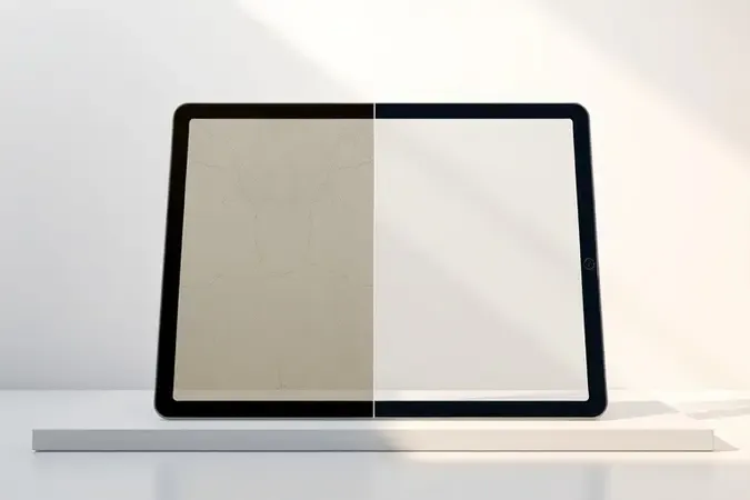 Contraste entre película de tablet desgastada com rachaduras e película nova impecável indicando momento ideal de troca em render 3D.