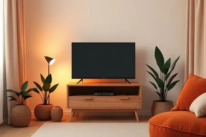 Ambiente minimalista aconchegante com smart TV compacta ideal para quartos e espaços pequenos.