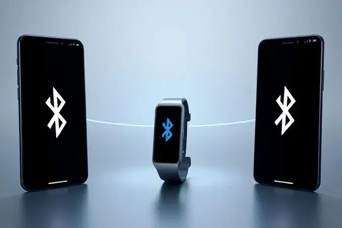 Renderização 3D conceitual de rastreador Bluetooth conectado a smartphones de diferentes plataformas em composição limpa e moderna.