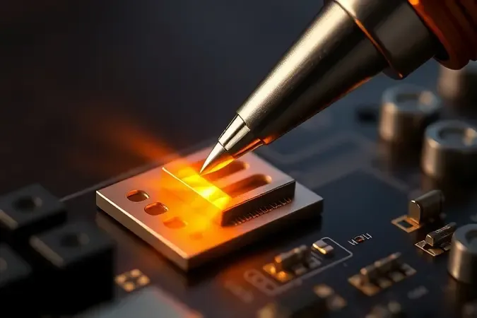 Render 3D conceitual ilustrando recuperação térmica com ponta de solda tocando junta metálica e ondas de calor estabilizando
