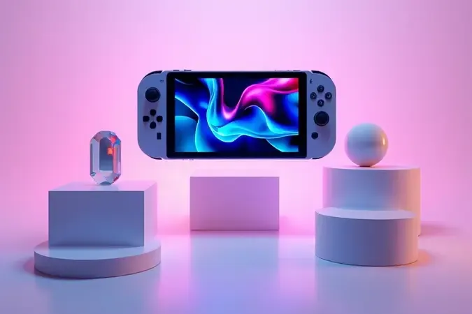 Render conceitual representando recursos como emuladores, armazenamento e qualidade de tela em consoles portáteis.