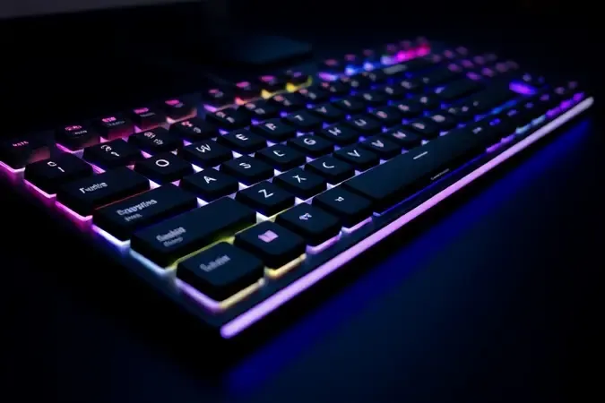 Render 3D conceitual de teclado com iluminação RGB sutil e controles multimídia abstratos elegantes.