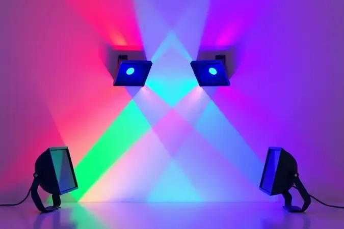 Renderização 3D de refletores LED RGB projetando feixes coloridos em parede branca minimalista.