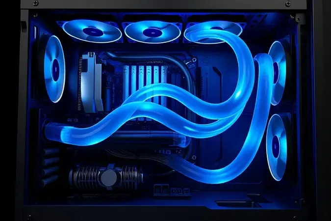 Renderização 3D conceitual mostrando fluxo de ar e refrigeração em gabinete gamer com correntes de ar azuis translúcidas.