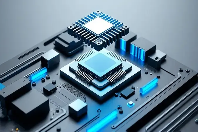 Renderização 3D conceitual de processador com elementos de refrigeração sobre superfície minimalista.
