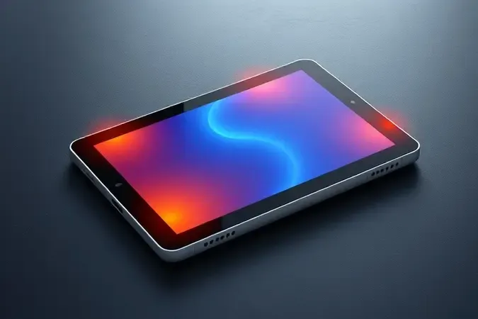 Renderização 3D de tablet com padrões térmicos e ondas de calor representando sistema de refrigeração para jogos.