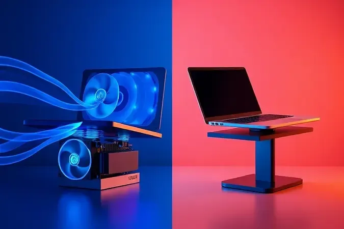 Composição dividida contrastando resfriamento extremo azul à esquerda com conforto ergonômico em tons âmbar à direita.