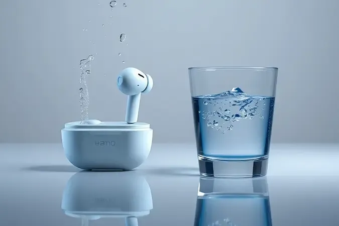 Comparação conceitual 3D entre fone resistente à água com spray e fone à prova d'água submerso em copo de vidro.