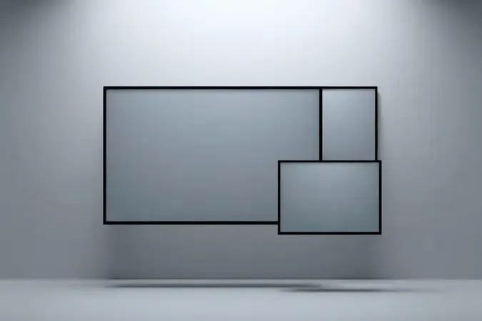 Conceito 3D de resolução e tamanho de tela para monitores de edição com molduras flutuantes e grades de pixels abstratas.