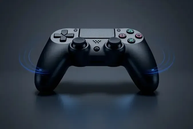 Renderização 3D conceitual de controle genérico com ondas translúcidas azuis representando resposta tátil e imersão sensorial.