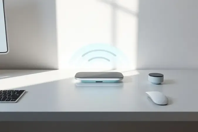 Cena conceitual 3D de setup minimalista com ondas luminosas representando conectividade sem fio em ambiente clean e luz natural suave.
