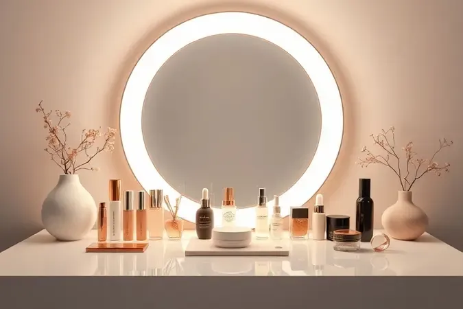 Ring light posicionado em penteadeira minimalista com iluminação suave e uniforme ideal para aplicação de maquiagem e cuidados de beleza.