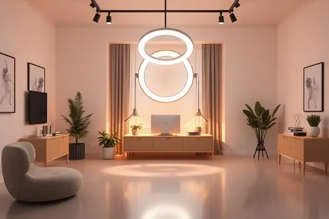 Ring light profissional moderno em estúdio minimalista conceitual com iluminação balanceada para transmissões ao vivo