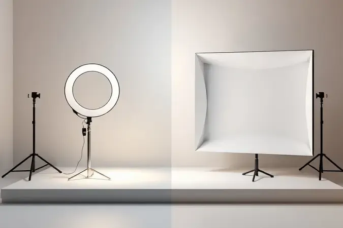 Comparação visual entre ring light circular e softbox retangular mostrando diferenças na qualidade da luz, sombras e dispersão da iluminação.