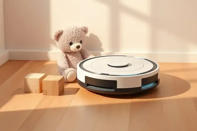 Renderização 3D de robô aspirador desviando de ursinho de pelúcia e blocos de madeira com atmosfera familiar segura e acolhedora.