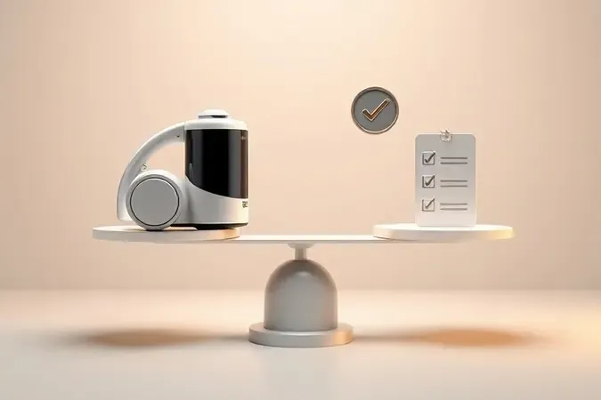 Conceito 3D de balança equilibrando robô aspirador e símbolos abstratos de custo-benefício em ambiente minimalista.