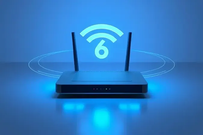 Renderização 3D de roteador moderno com fluxos de dados luminosos representando a tecnologia Wi-Fi 6 em ambiente minimalista.