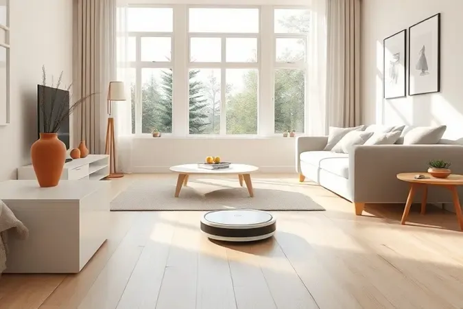 Renderização 3D conceitual de robô aspirador com função passa pano em sala de estar iluminada com design clean e atmosfera smart home.