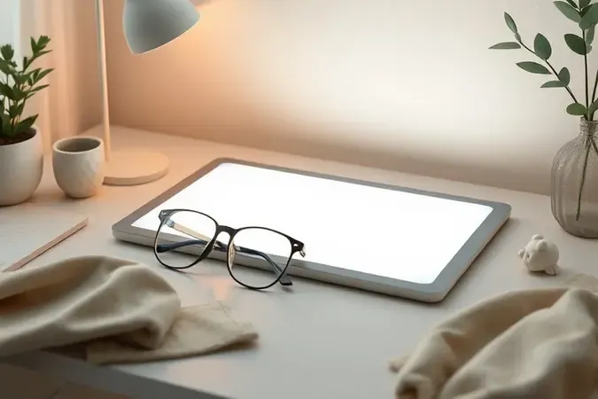 Renderização 3D conceitual destacando ergonomia visual e saúde ocular no uso de mesa de luz para desenho
