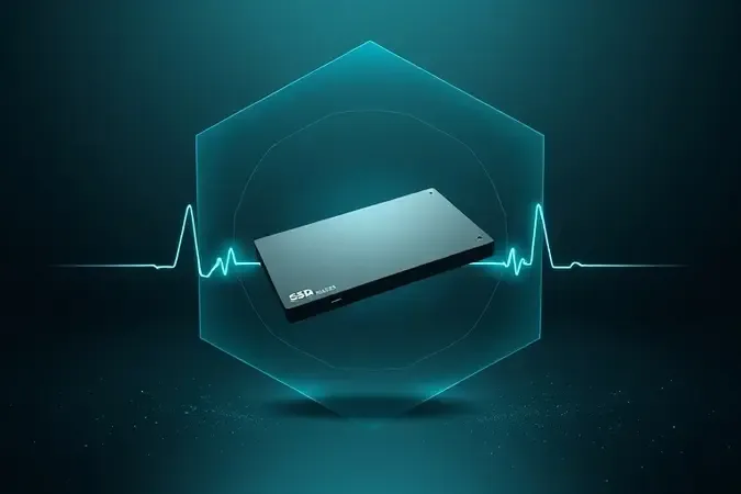SSD SATA rodeado por elementos abstratos que simbolizam saúde e proteção em renderização 3D conceitual.