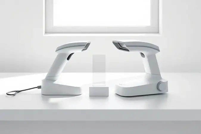 Comparação conceitual em renderização 3D entre scanner portátil compacto e scanner de mesa, ambos minimalistas.