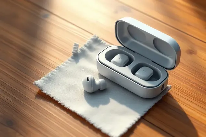 Fone de ouvido sem fio sobre pano de microfibra secando ao lado de estojo de armazenamento em renderização 3D.