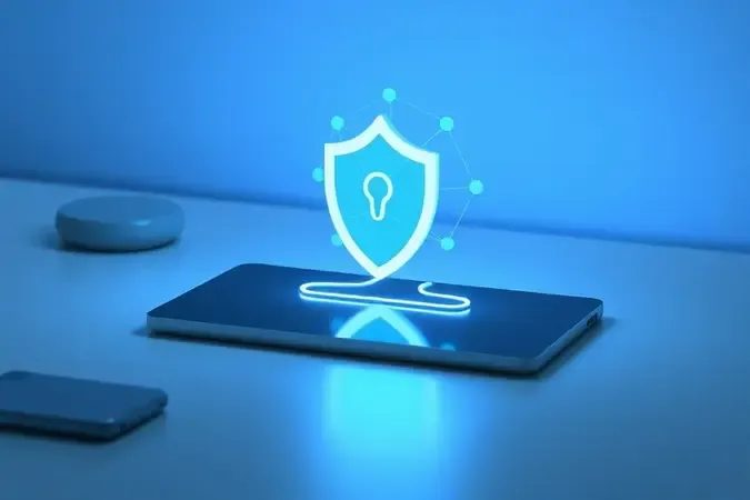 Conceito de segurança digital com tablet e elementos abstratos de proteção de dados em renderização 3D.