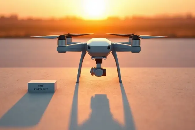 Render 3D conceitual de drone em superfície limpa na hora dourada representando preparação segura para o primeiro voo.