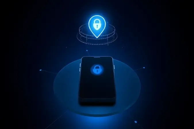 Conceito de segurança e privacidade digital em apps de GPS com smartphone rodeado por camadas de proteção translúcidas