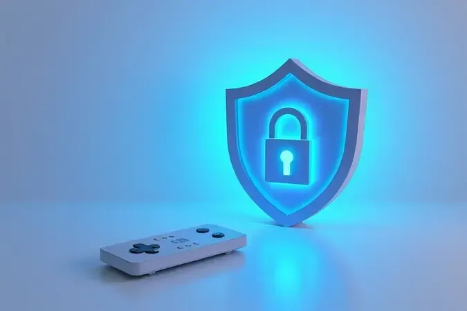 Renderização 3D representando segurança de rede Wi-Fi com controle remoto e símbolos abstratos de proteção digital.