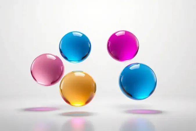 Seis gotas de tinta coloridas translúcidas representando o sistema de cores para impressão fotográfica de alta qualidade.